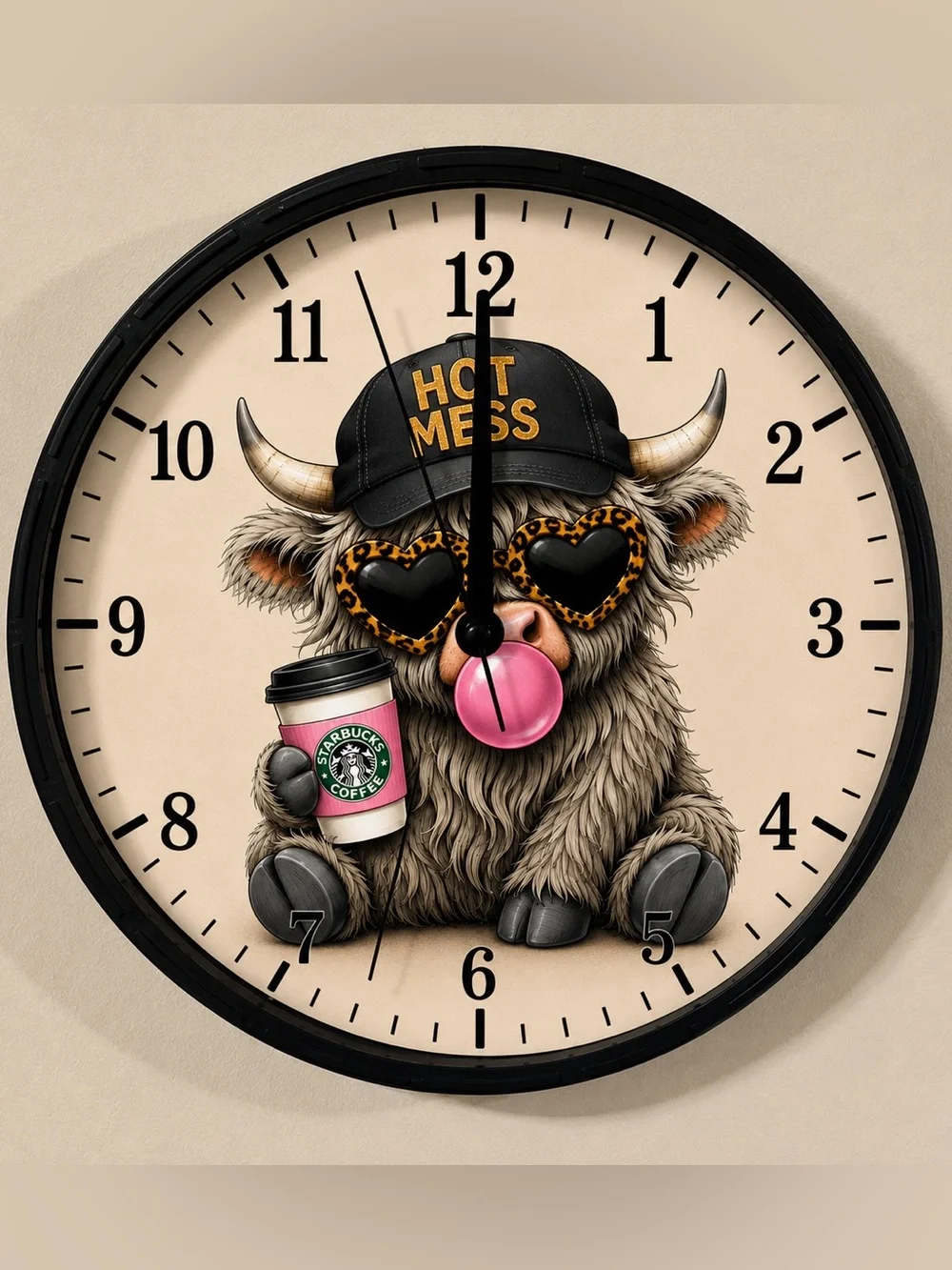 Hot Mess Highland Cow Pink Starbucks Wall Clock Art - Pink & Black